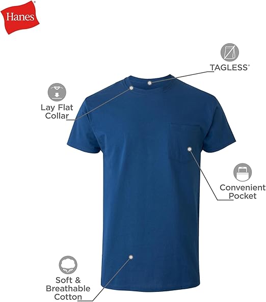 Hanes Mens Pocket Undershirt Pack. Cotton Crew Neck T-Shirt. Moisture Wicking Tee. Assorted 6-Pack
