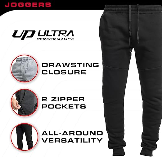 Ultra Performance 3 Pack Fleece Active Tech Joggers for Men. Mens Sweatpants with Zipper Pockets