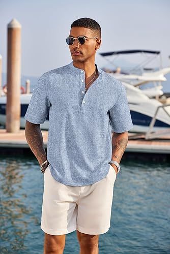 COOFANDY Mens Casual Henley Shirt Short Sleeve Band Collar Linen Shirt Summer Beach Hippie T-Shirts