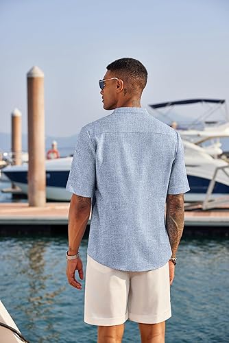 COOFANDY Mens Casual Henley Shirt Short Sleeve Band Collar Linen Shirt Summer Beach Hippie T-Shirts