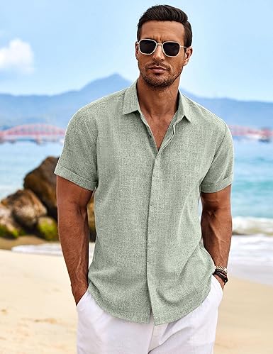 COOFANDY Mens Linen Shirts Short Sleeve Casual Shirts Button Down Shirt for Men Beach Summer Wedding Shirt