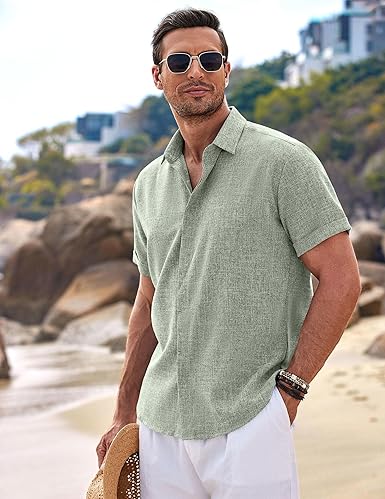 COOFANDY Mens Linen Shirts Short Sleeve Casual Shirts Button Down Shirt for Men Beach Summer Wedding Shirt