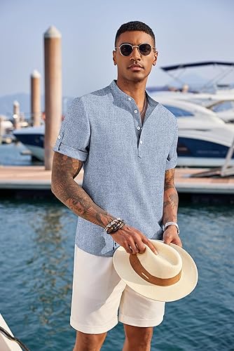 COOFANDY Mens Casual Henley Shirt Short Sleeve Band Collar Linen Shirt Summer Beach Hippie T-Shirts