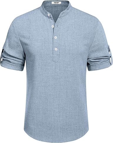 COOFANDY Mens Casual Henley Shirt Short Sleeve Band Collar Linen Shirt Summer Beach Hippie T-Shirts