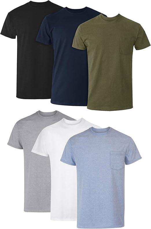Hanes Mens Pocket Undershirt Pack. Cotton Crew Neck T-Shirt. Moisture Wicking Tee. Assorted 6-Pack