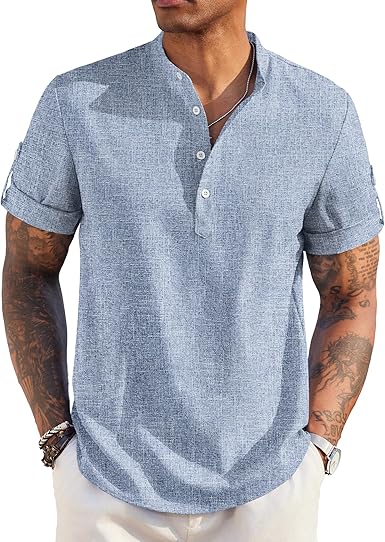 COOFANDY Mens Casual Henley Shirt Short Sleeve Band Collar Linen Shirt Summer Beach Hippie T-Shirts