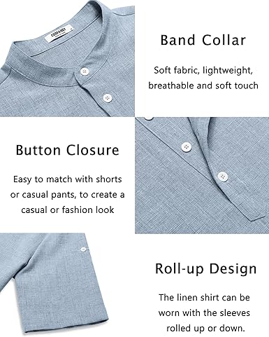 COOFANDY Mens Casual Henley Shirt Short Sleeve Band Collar Linen Shirt Summer Beach Hippie T-Shirts